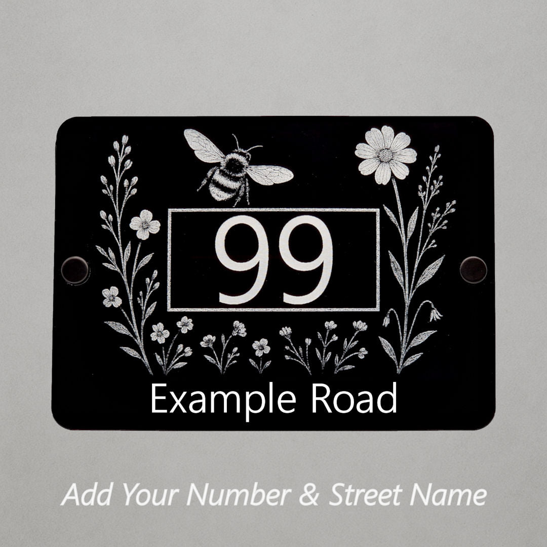 Engraved Bee & Wildflower House Number Sign – Black Acrylic with Stand-Offs - Street Names Now Included!