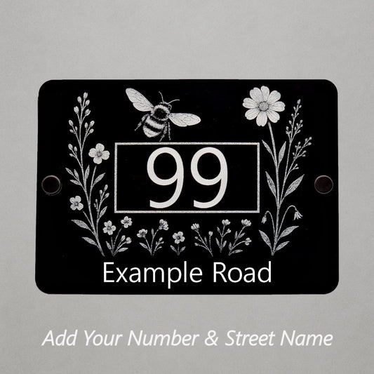 Engraved Bee & Wildflower House Number Sign – Black Acrylic with Stand-Offs - Street Names Now Included!