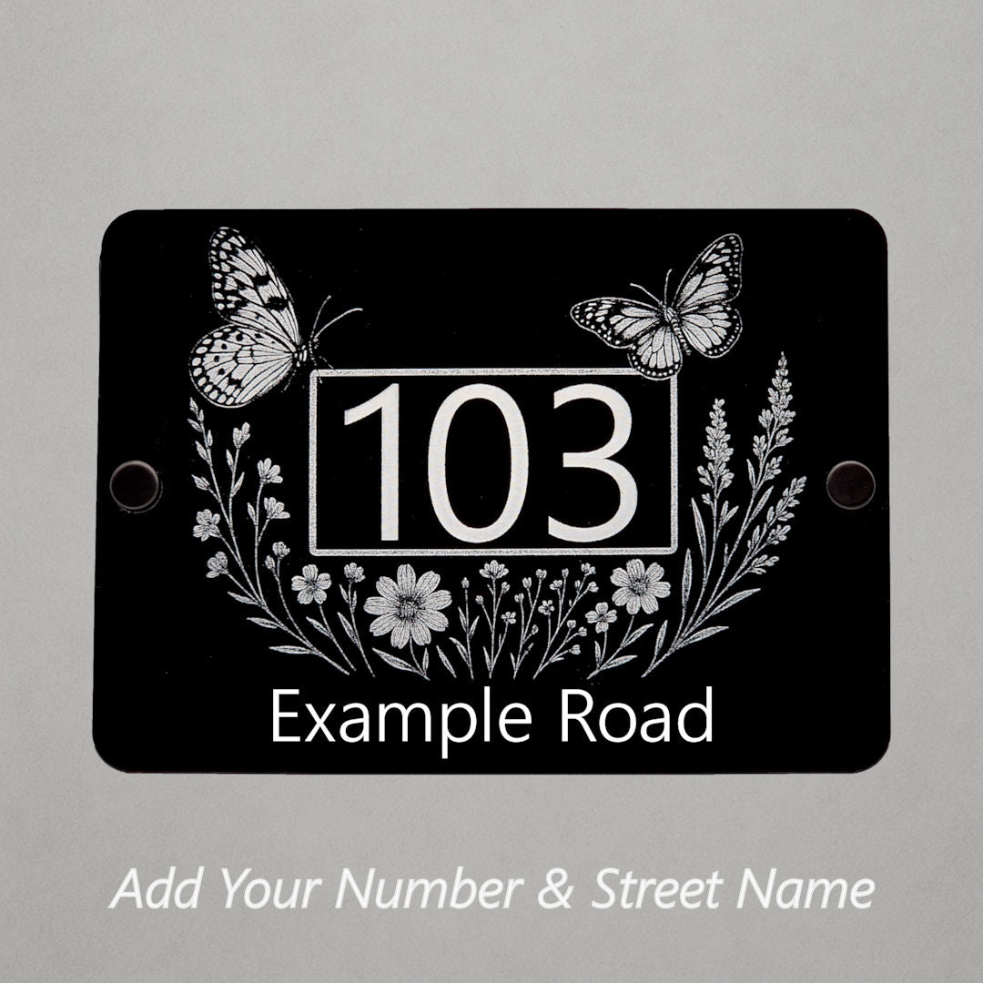 Engraved Butterfly & Wildflower House Number Sign – Black Acrylic with Stand-Offs