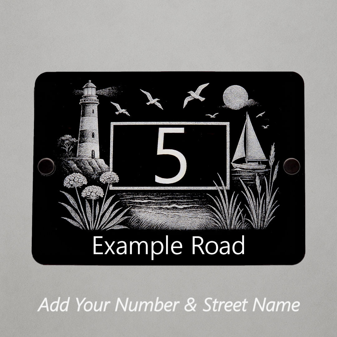 Engraved Coastal Scene House Number Sign with Lighthouse & Seaside Details – Black Acrylic with Stand-Offs - Street Names Now Included!