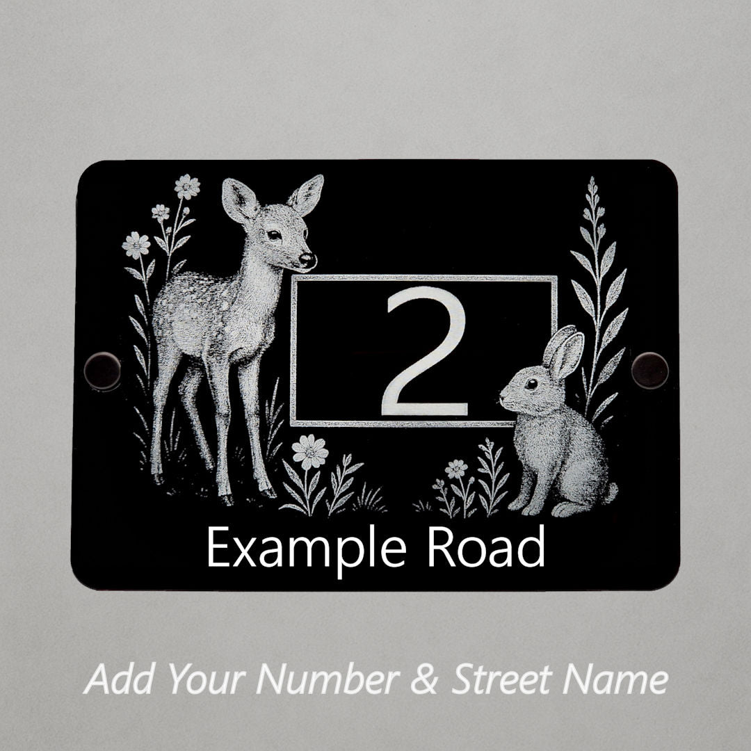 Engraved Woodland Animals House Number Sign with Rabbit & Deer - Black Acrylic with Stand-Offs - Street Names Now Included!