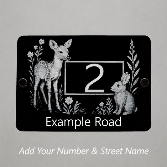 Engraved Woodland Animals House Number Sign with Rabbit & Deer - Black Acrylic with Stand-Offs - Street Names Now Included!