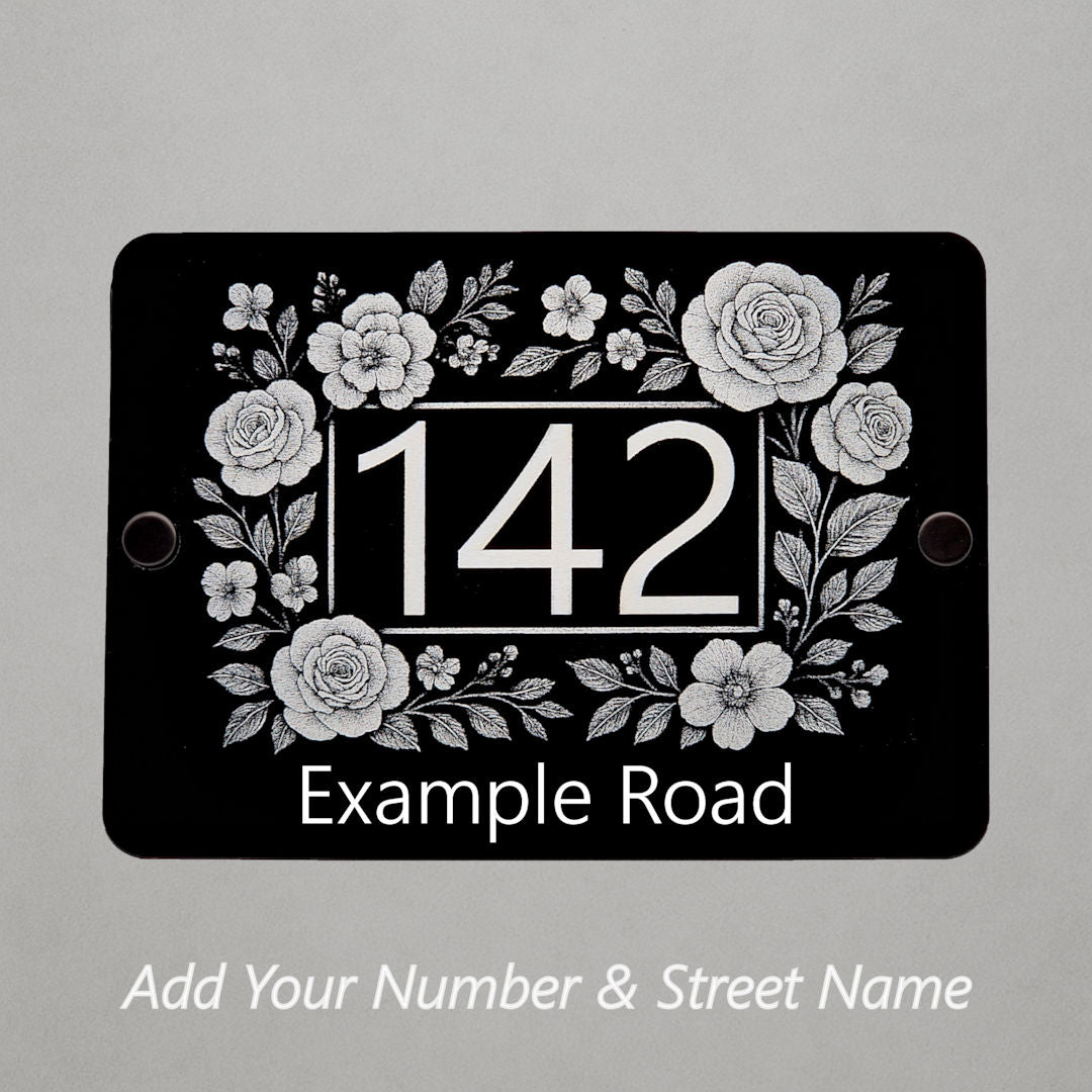 Engraved Elegant Floral Frame House Number Sign - Black Acrylic with Stand-Offs - Street Names Now Included!