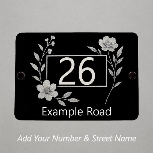 Engraved Elegant Floral House Number Sign with Side Blooms - Black Acrylic with Stand-Offs