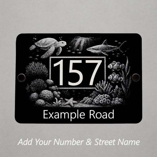 Engraved Great Barrier Reef Marine Life House Number Sign - Black Acrylic with Stand-Offs - Street Names Now Included!