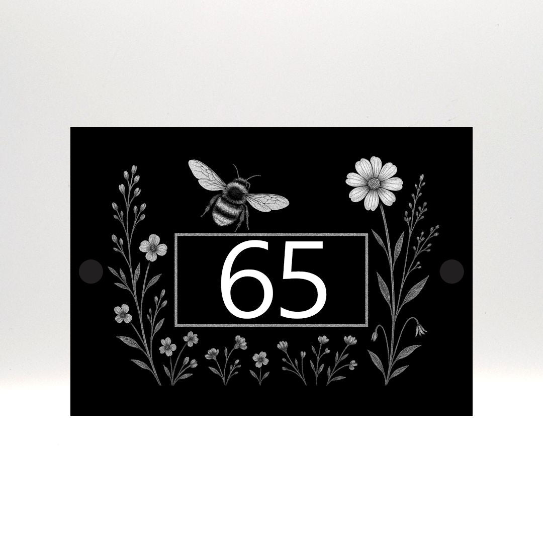 Engraved Bee & Wildflower House Number Sign – Black Acrylic with Stand-Offs
