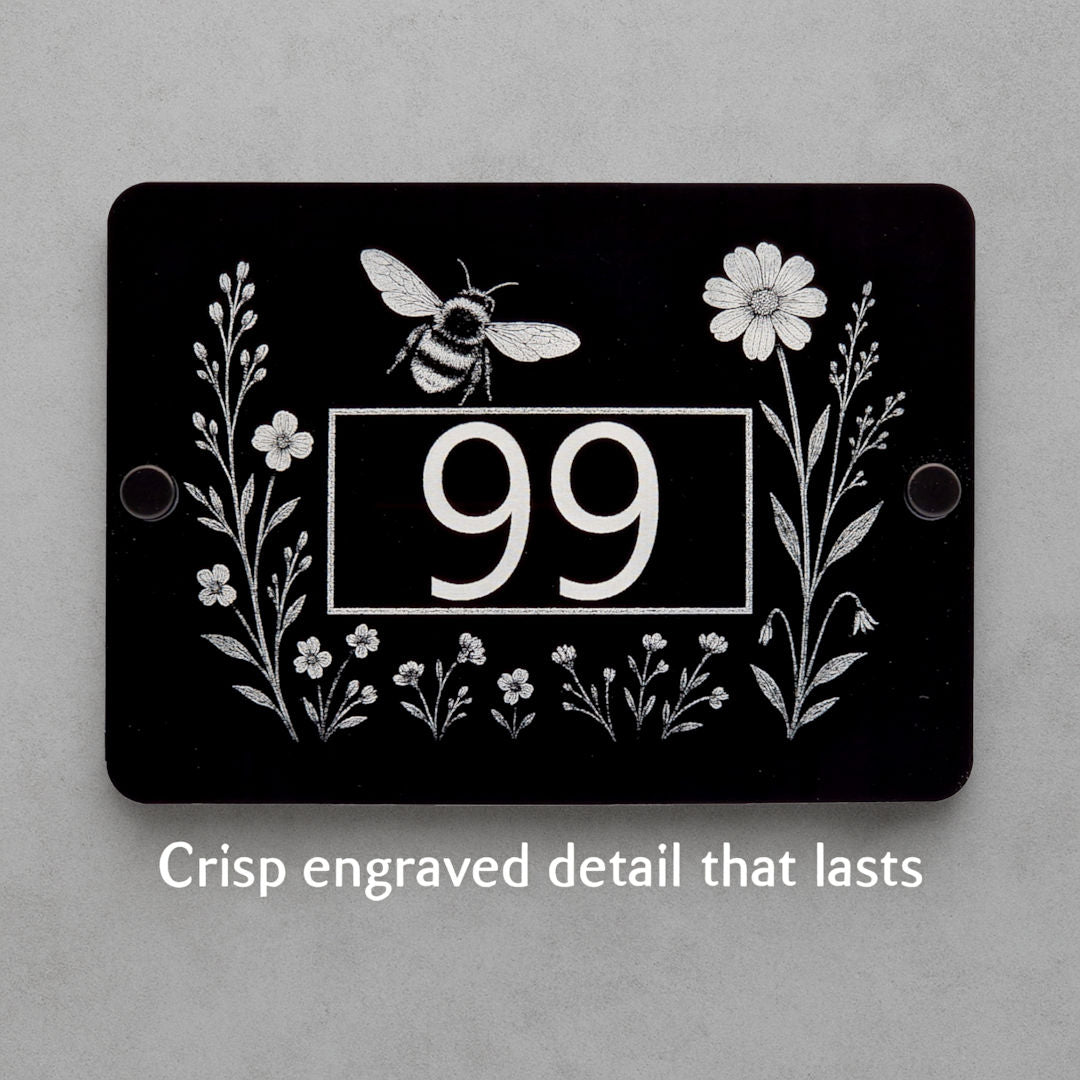 Engraved Bee & Wildflower House Number Sign – Black Acrylic with Stand-Offs