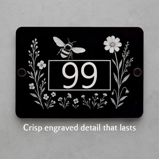 Engraved Bee & Wildflower House Number Sign – Black Acrylic with Stand-Offs