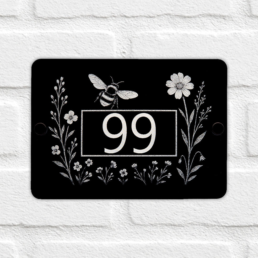 Engraved Bee & Wildflower House Number Sign – Black Acrylic with Stand-Offs