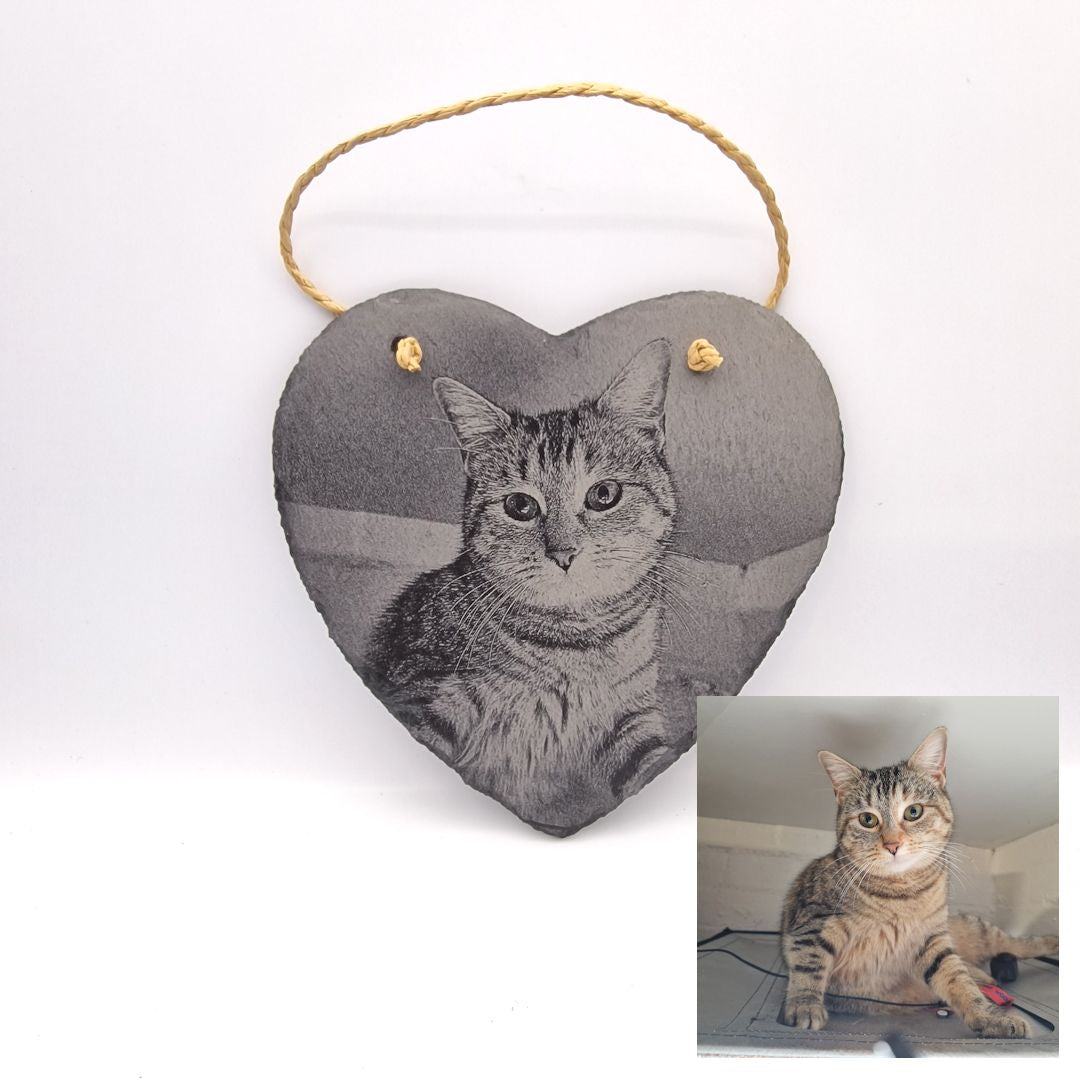 Personalised Laser Engraved Heart Shaped Slate - 15 x 15cm  - Cat Example