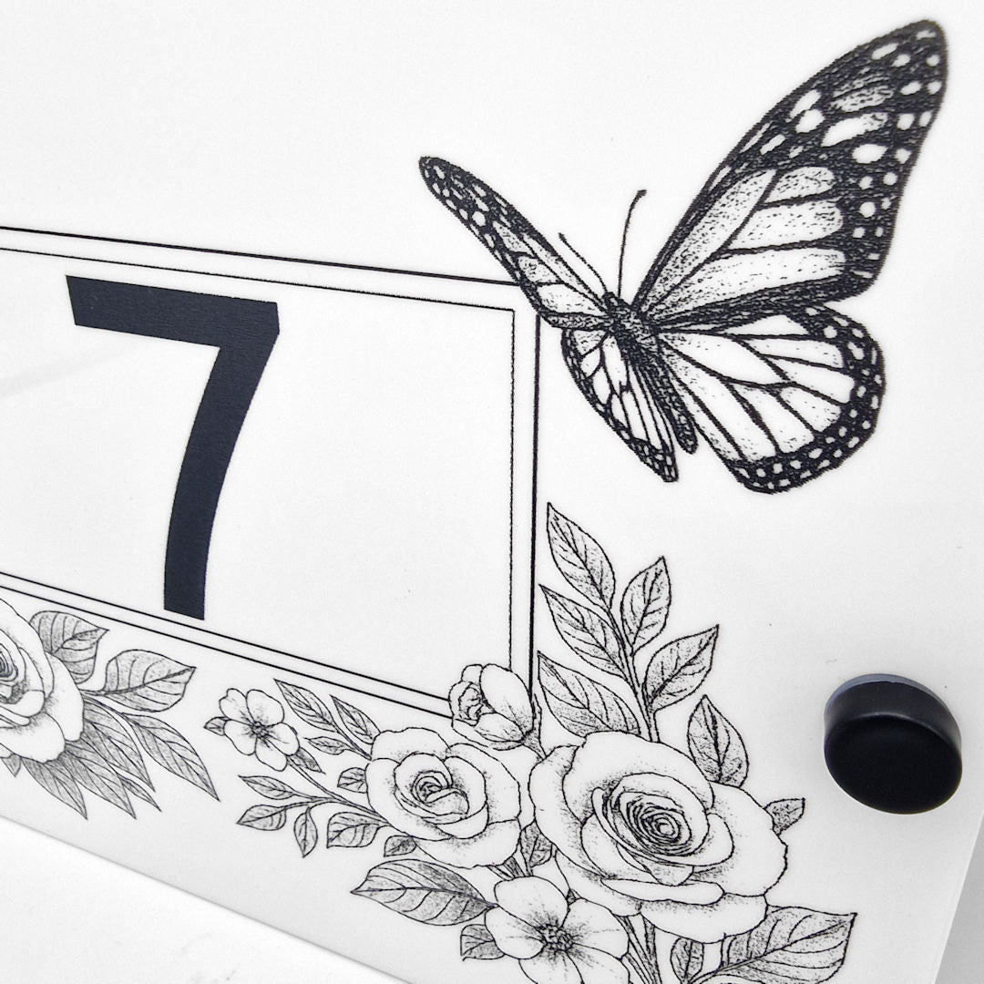 Butterfly & Rose Vine House Number Sign – Laser Engraved into White Acrylic - Close Up