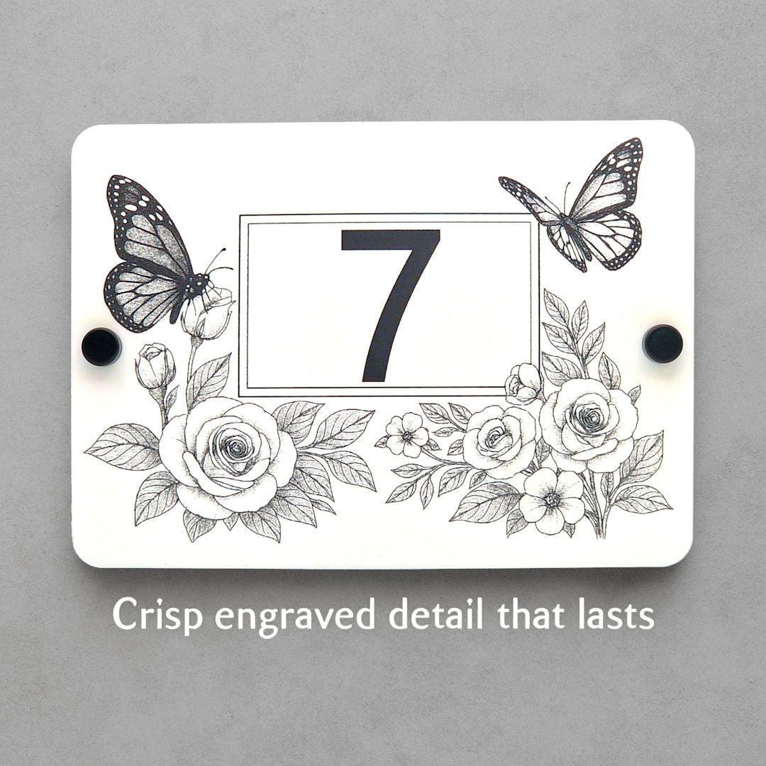 Butterfly & Rose Vine House Number Sign – Laser Engraved into White Acrylic