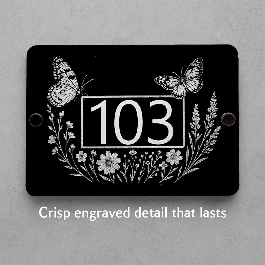 Engraved Butterfly & Wildflower House Number Sign – Black Acrylic with Stand-Offs