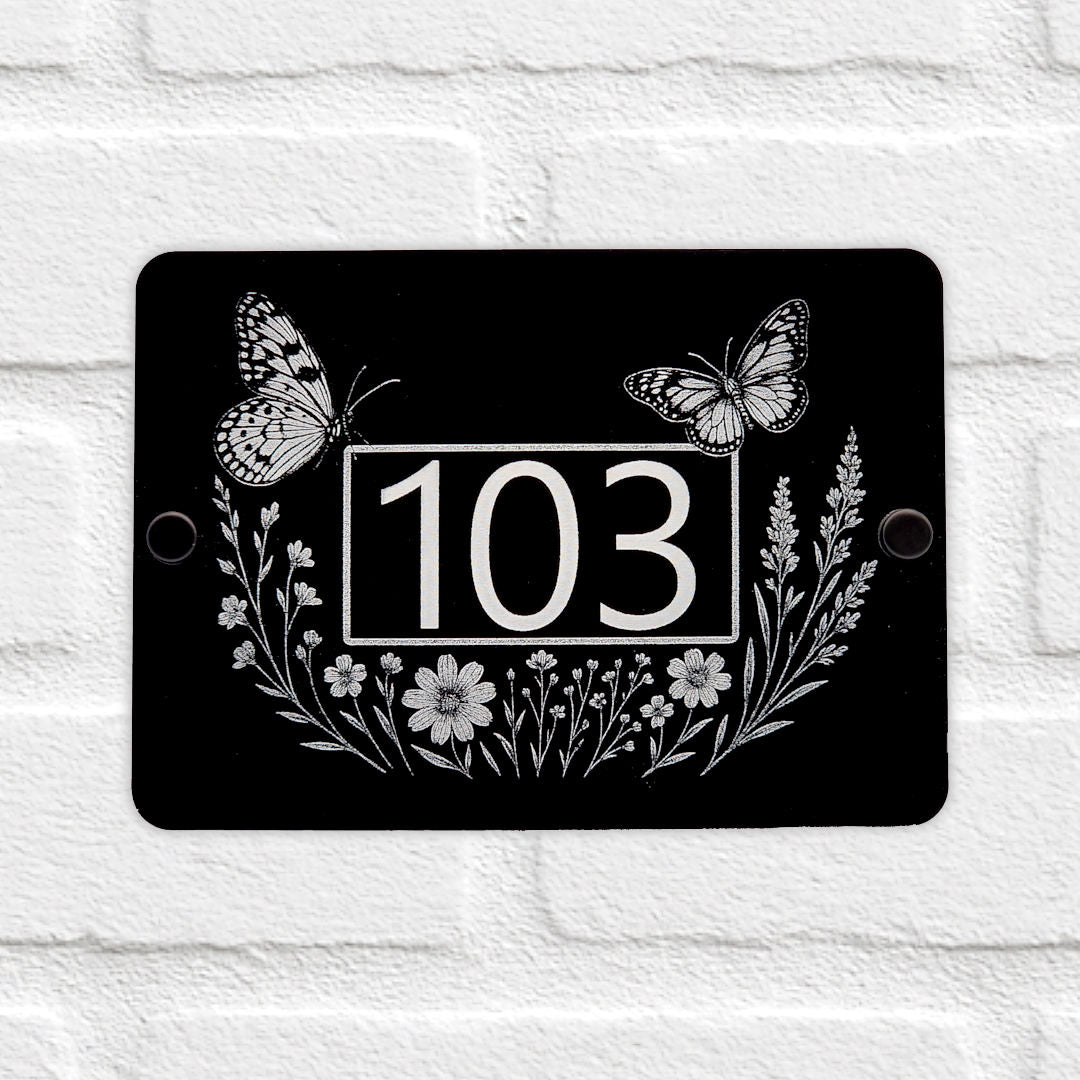 Engraved Butterfly & Wildflower House Number Sign – Black Acrylic with Stand-Offs