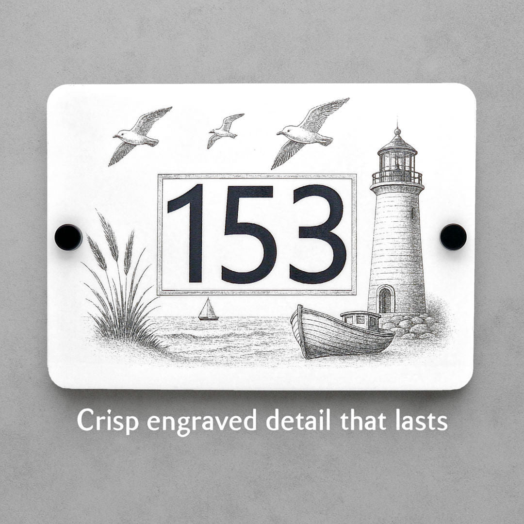 Coastal Lighthouse and Fishing Boat House Number Sign – Laser Engraved into White Acrylic
