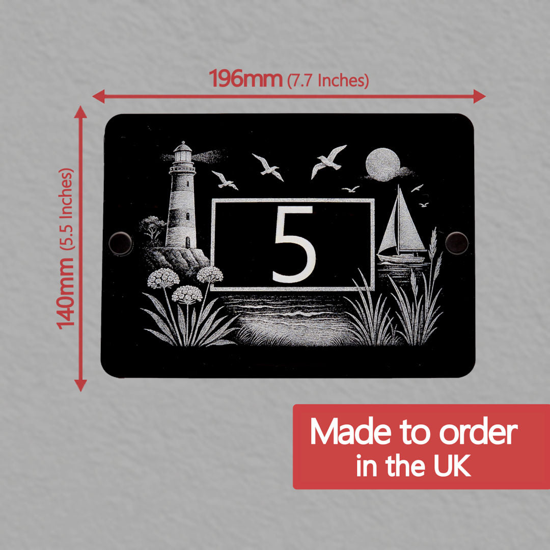 Decorative house number plate with lighthouse and sailboat design, shown with dimensions and 'Made to order in the UK' text.
