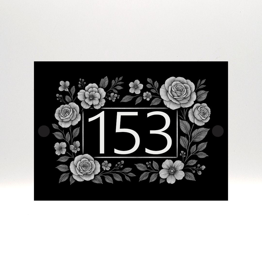Engraved Elegant Floral Frame House Number Sign - Black Acrylic with Stand-Offs