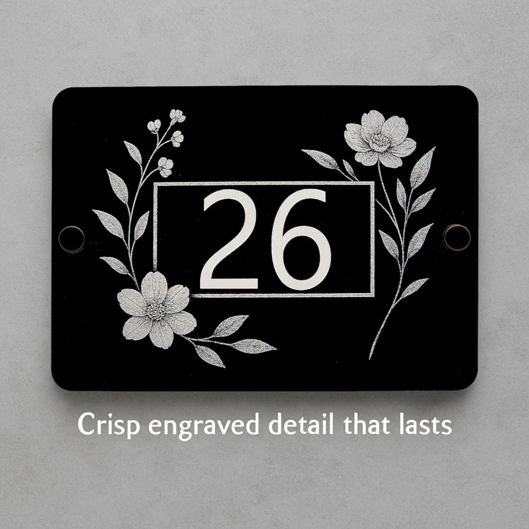 Engraved Elegant Floral House Number Sign with Side Blooms