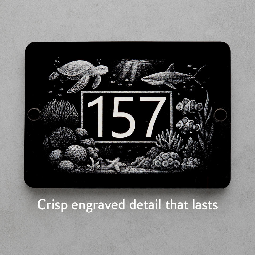 Engraved Great Barrier Reef Marine Life House Number Sign - Black Acrylic with Stand-Offs