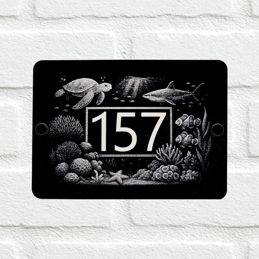Engraved Great Barrier Reef Marine Life House Number Sign - Black Acrylic with Stand-Offs