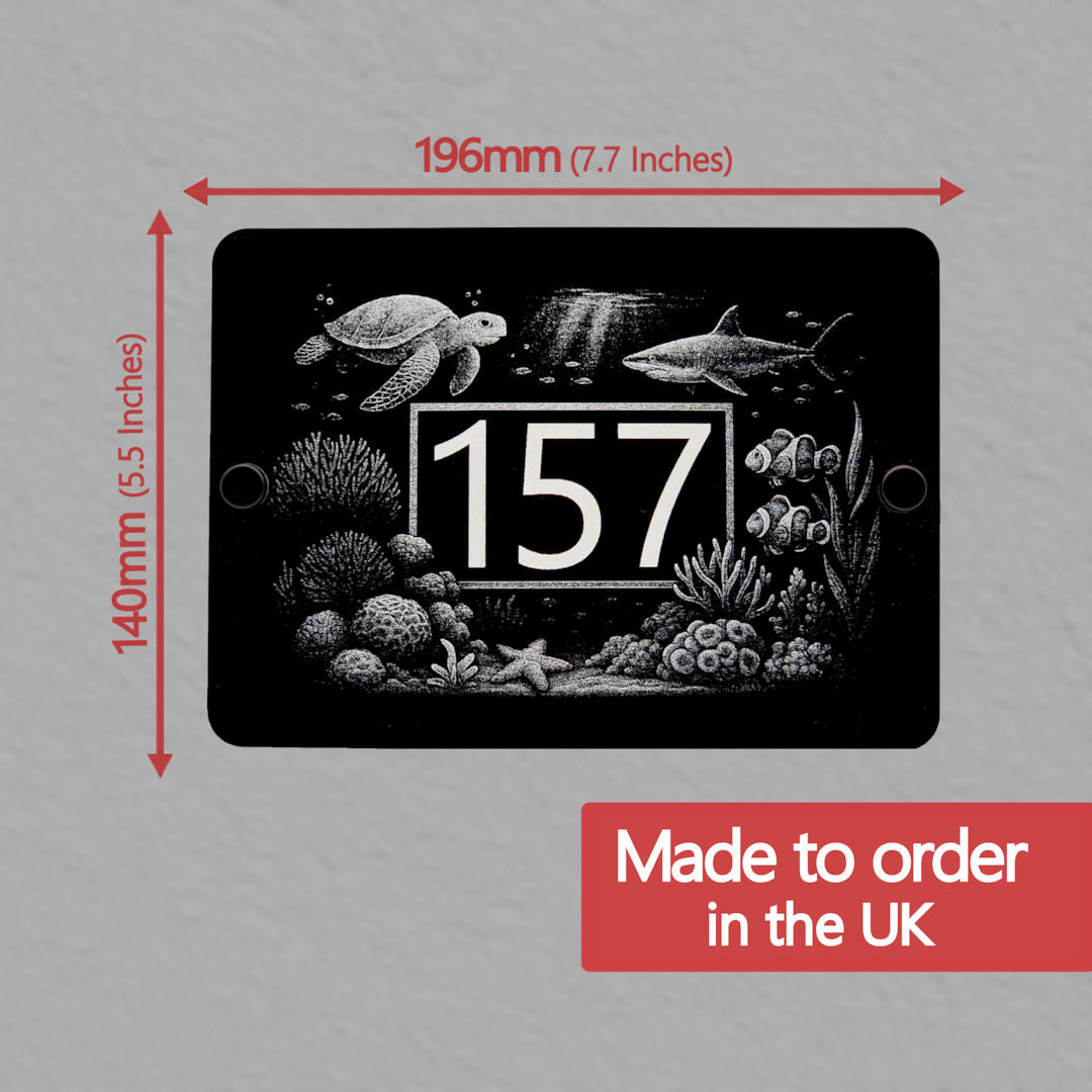dimensions on a grey background - made to order - Underwater great barrier reef scene design house number plaque