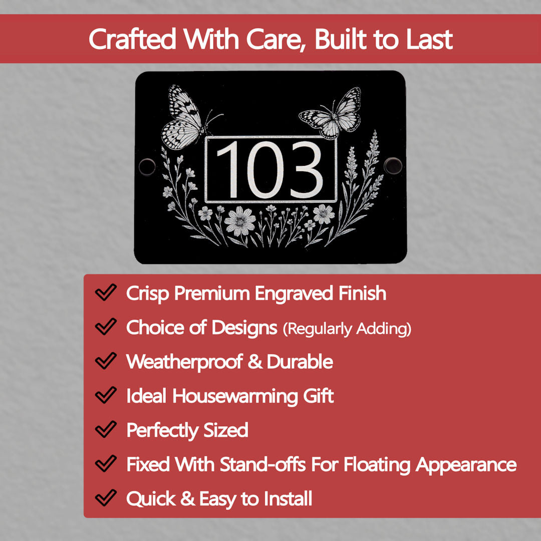 Decorative house number sign with butterflies and flowers on a grey background with text about product features.