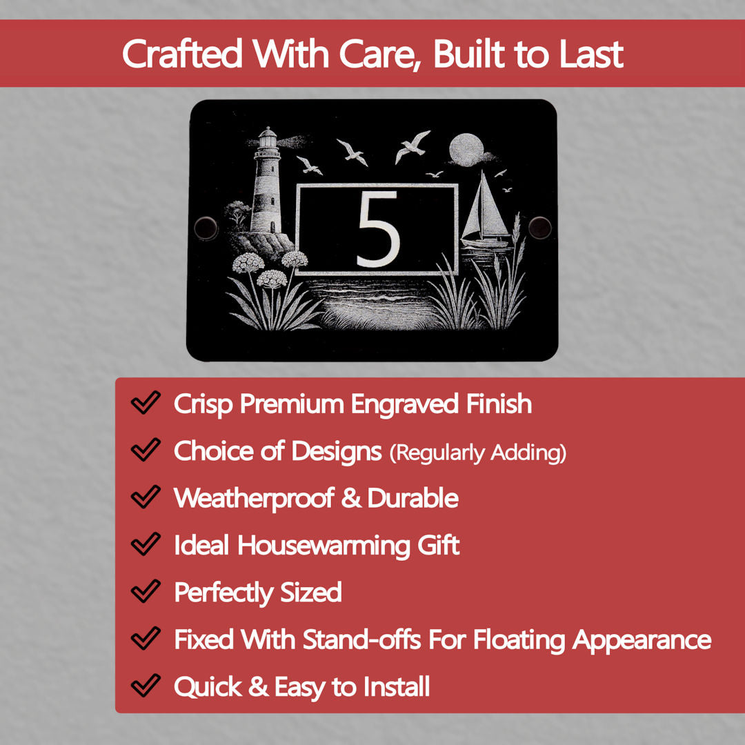 Coastal Lighthouse & Sailboat ouse Number Sign - Key Features