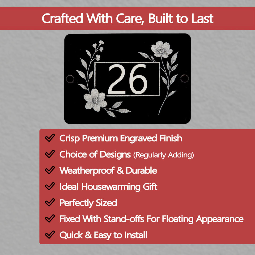 Decorative house number sign with floral design and text about product features on a grey background.