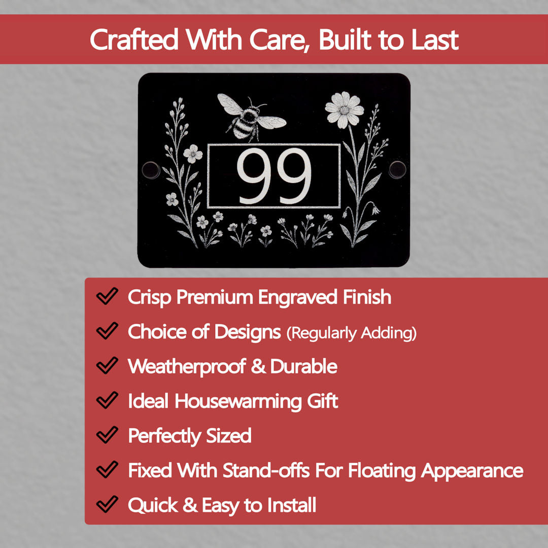 Decorative house number sign with bee and floral design on a grey background with text about product features.