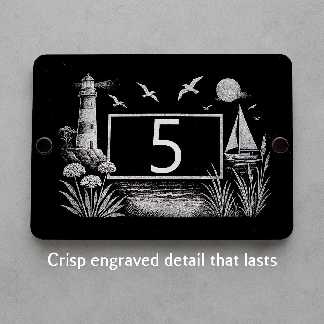 Engraved Coastal Scene House Number Sign with Lighthouse & Seaside Details – Black Acrylic with Stand-Offs