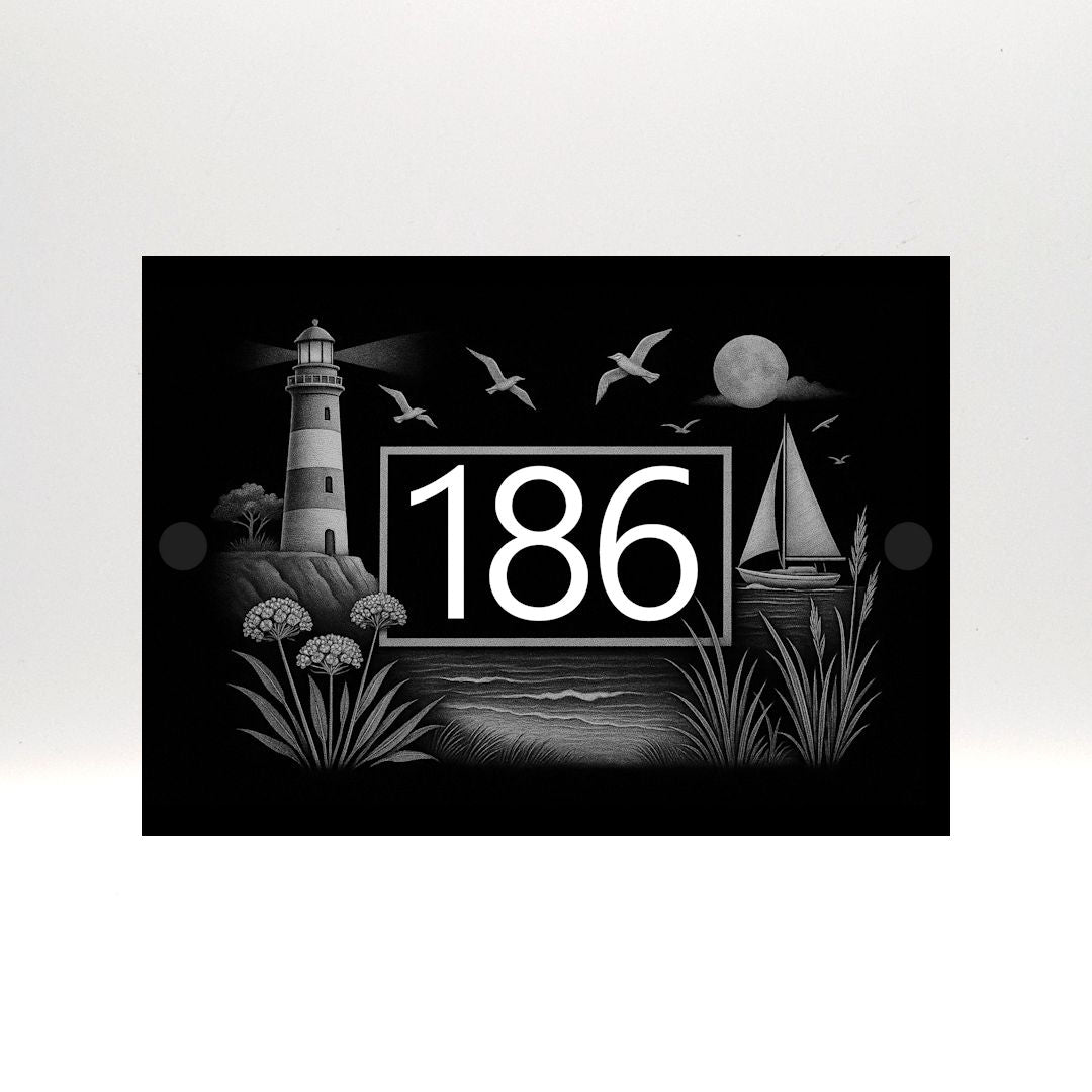 Engraved Coastal Scene House Number Sign with Lighthouse & Seaside Details – Black Acrylic with Stand-Offs