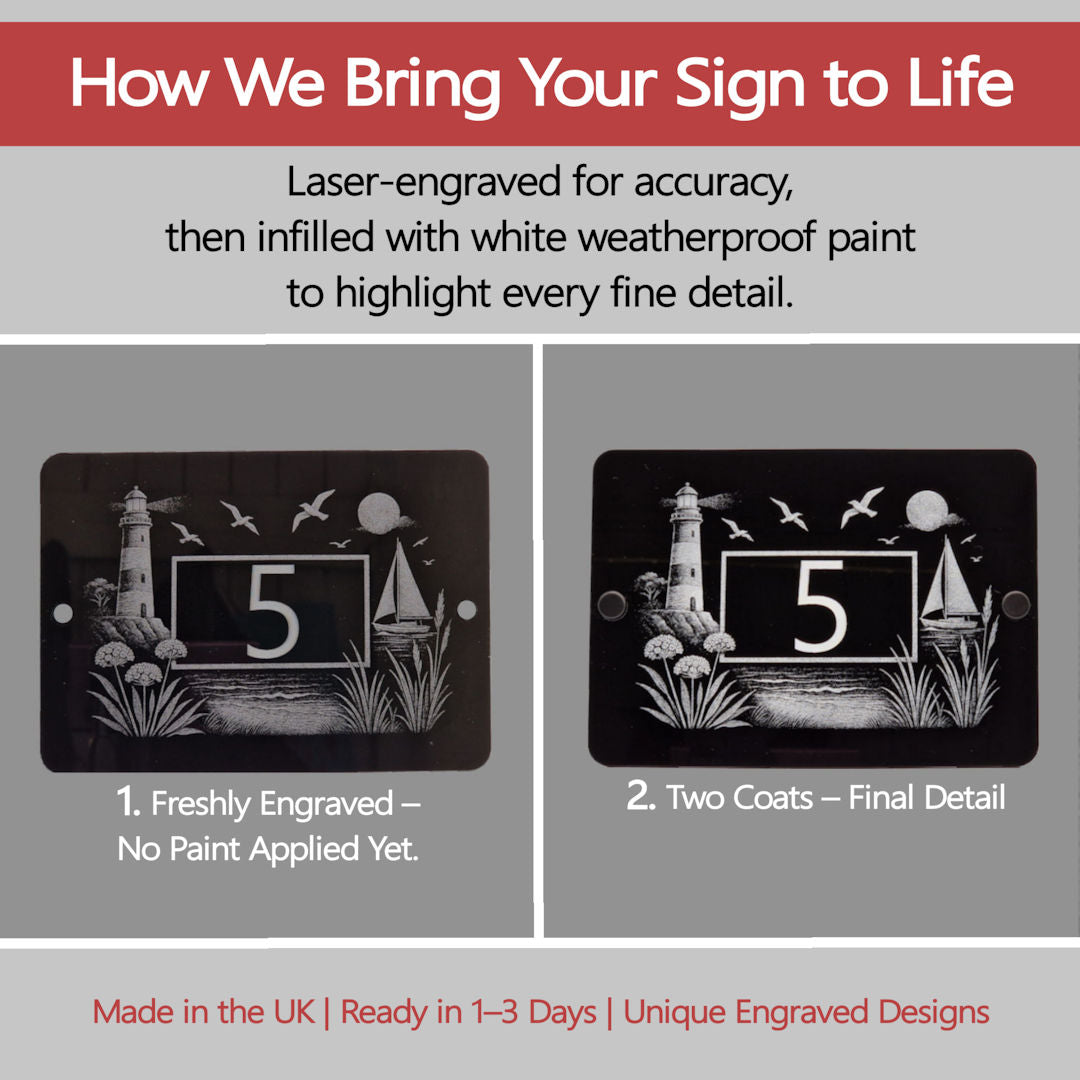 Process of paint infilling house number signs with white weatherproof paint to make house plaques stand out