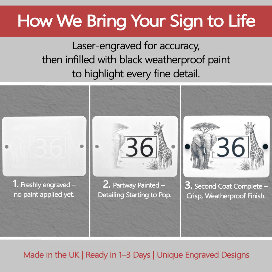 Process illustration of how a sign is made with laser engraving and black weatherproof paint.