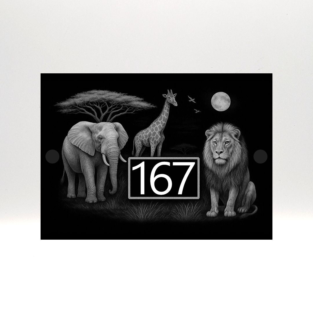 Engraved Safari Wildlife House Number Sign with Lion, Elephant & Giraffe - Black Acrylic with Stand-Offs