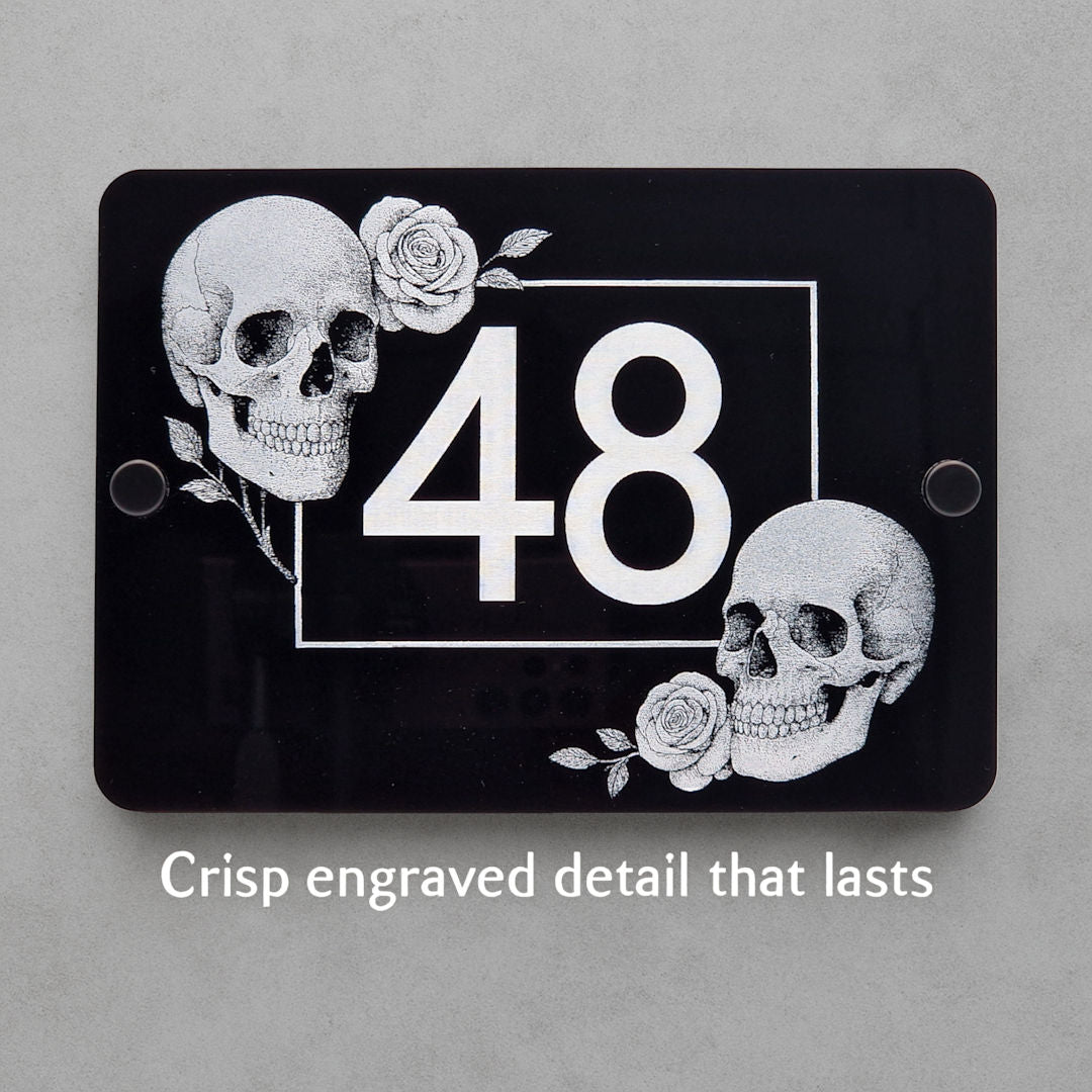 Decorative Skulls and Roses House Number Sign | Engraved Black Acrylic Plaque | Personalised Gothic Home Decor