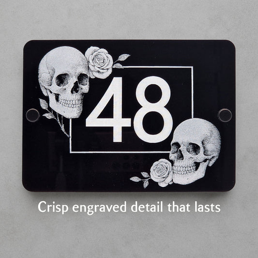 Decorative Skulls and Roses House Number Sign | Engraved Black Acrylic Plaque | Personalised Gothic Home Decor