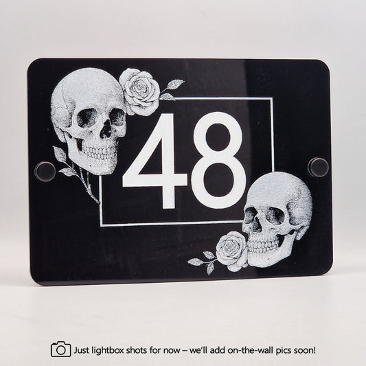 Decorative Skulls and Roses House Number Sign | Engraved Black Acrylic Plaque | Personalised Gothic Home Decor