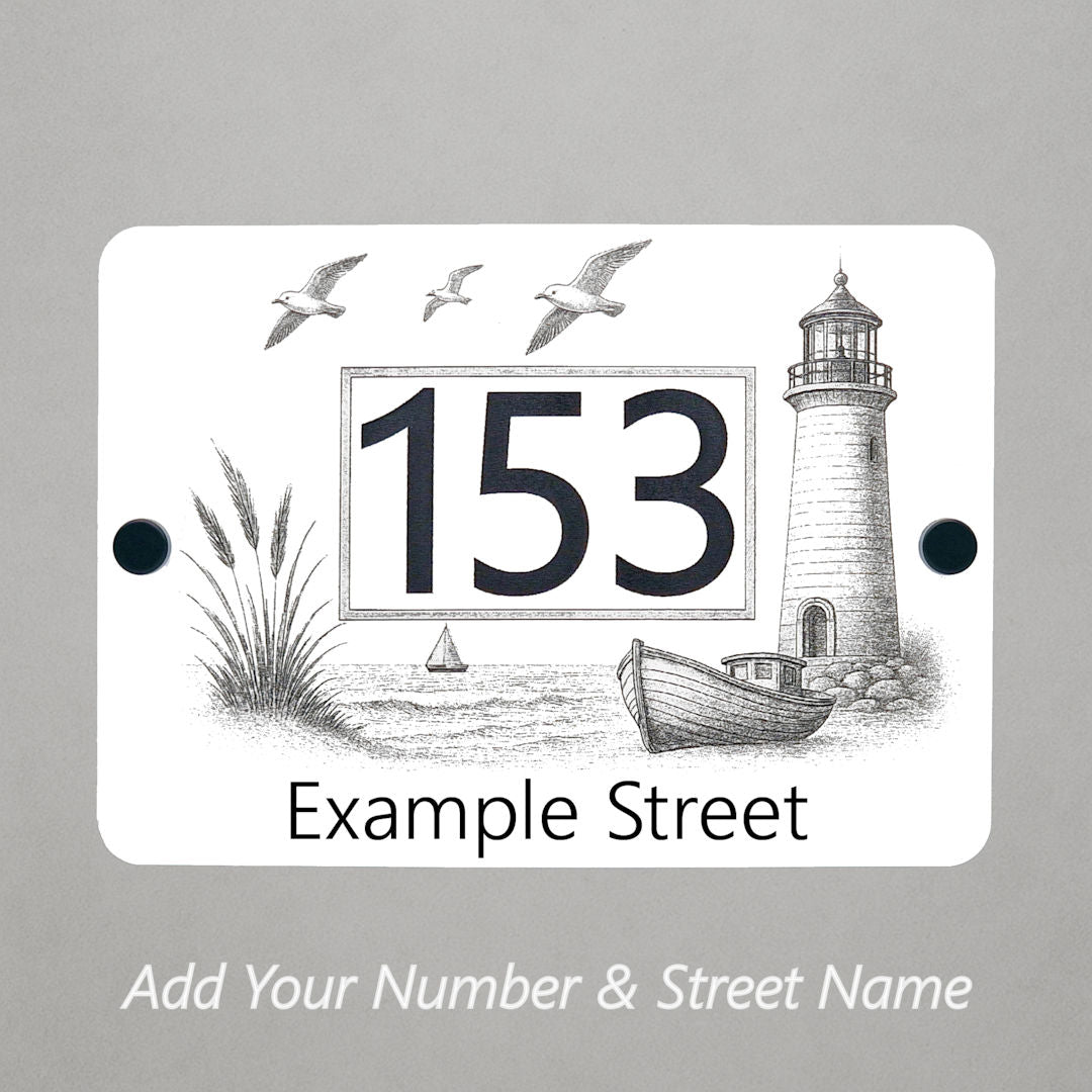 Coastal Lighthouse and Fishing Boat House Number Sign – Laser Engraved into White Acrylic - Now included street name!