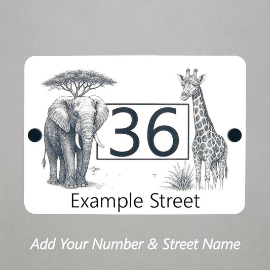 Safari Elephant and Giraffe House Number Sign – Laser Engraved Door Sign in White Acrylic - Street Names now included!