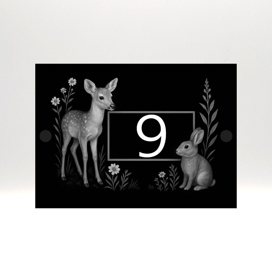 Engraved Woodland Animals House Number Sign with Rabbit & Deer - Black Acrylic with Stand-Offs