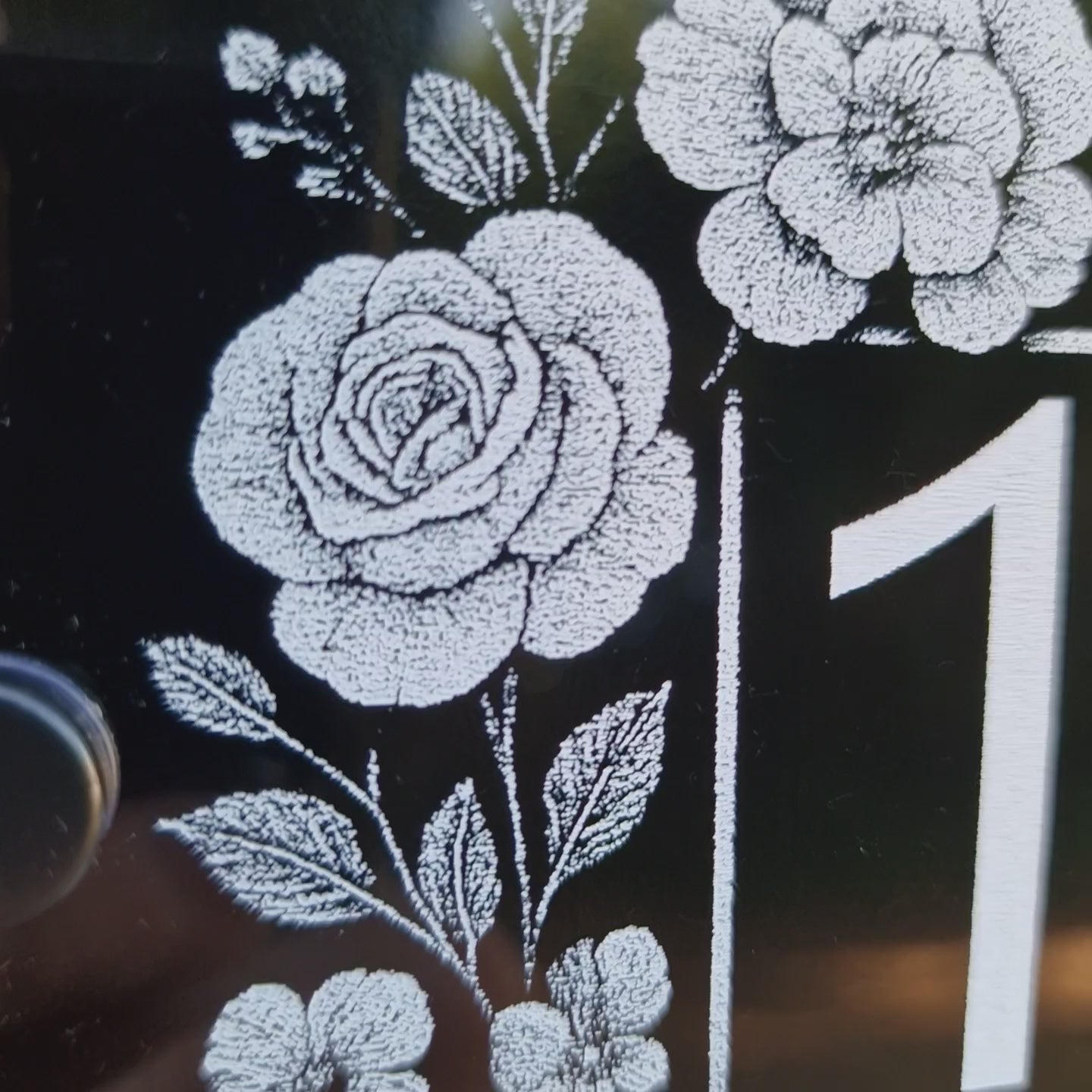 Engraved Elegant Floral Frame House Number Sign - Black Acrylic with Stand-Offs - VIDEO panning over house plaque