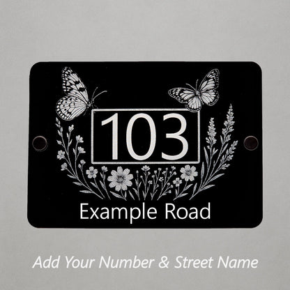Personalised Engraved Acrylic Butterfly and Wildflower House Number Sign