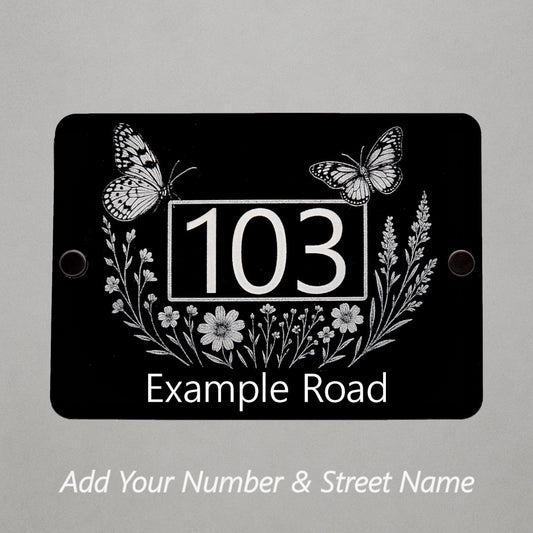 Engraved Butterfly & Wildflower House Number Sign – Black Acrylic with Stand-Offs