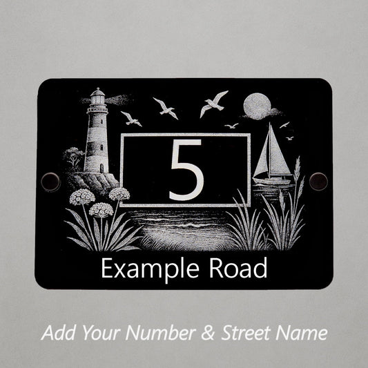 Engraved Coastal Scene House Number Sign with Lighthouse & Seaside Details – Black Acrylic with Stand-Offs - Street Names Now Included!