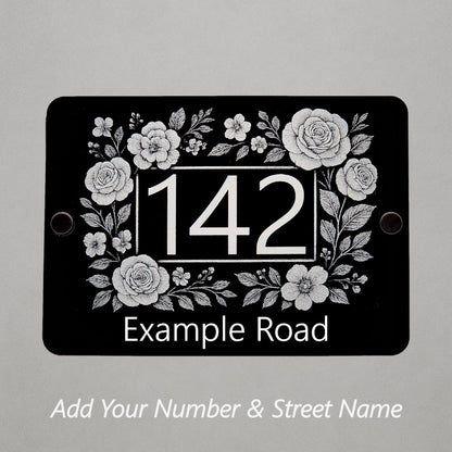 Engraved Elegant Floral Frame House Number Sign - Black Acrylic with Stand-Offs - Street Names Now Included!