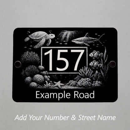 Engraved Great Barrier Reef Marine Life House Number Sign - Black Acrylic with Stand-Offs - Street Names Now Included!