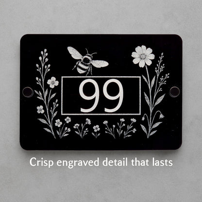 Engraved Bee & Wildflower House Number Sign – Black Acrylic with Stand-Offs