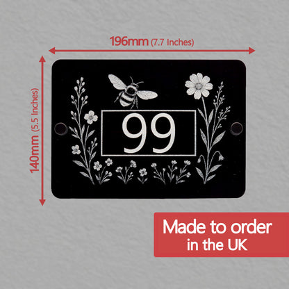 House number sign with bee and flowers design, dimensions, and Made to order in the UK