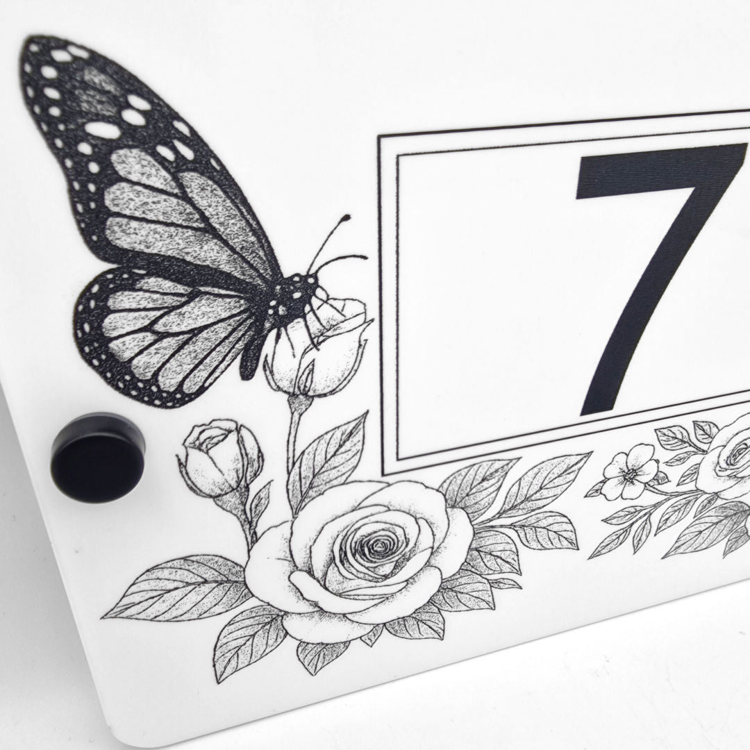 Butterfly & Rose Vine House Number Sign – Laser Engraved into White Acrylic - Close Up 2