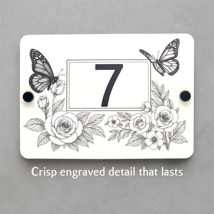 Butterfly & Rose Vine House Number Sign – Laser Engraved into White Acrylic